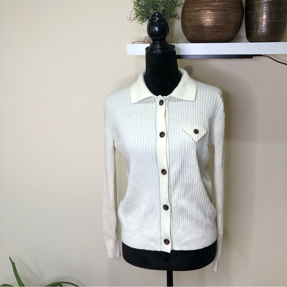 Theory 100% Cashmere Ivory Ribbed Long Sleeve Sweater Cardigan Large - Picture 5 of 11